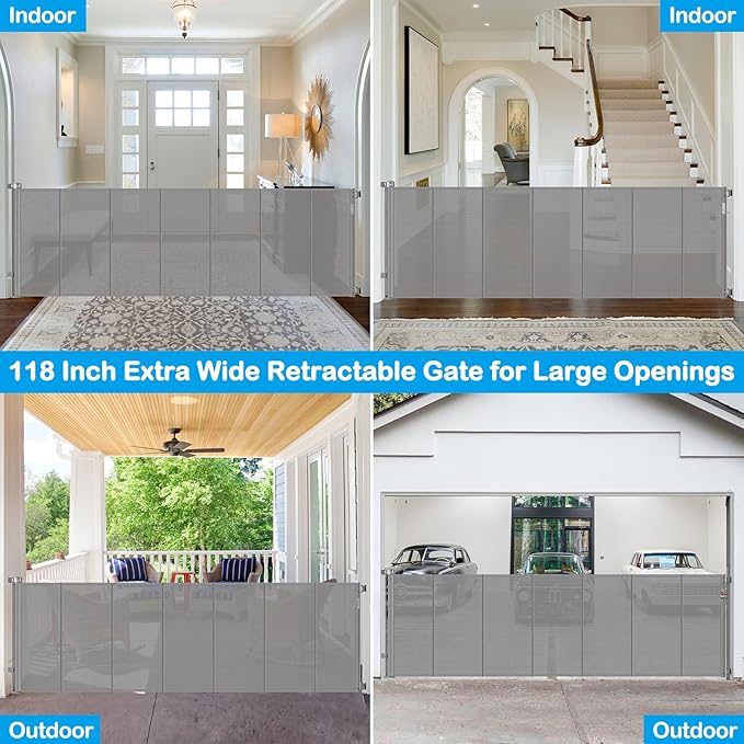 Reinforced 42" Extra Tall X 159" Extra Wide Baby Gate Retractable Baby Gates Prevent Babies and Dogs from Squeezing Through Tall Retractable Dog Gate Outdoor 13.25ft Long Child Gates for Doorways,Gray