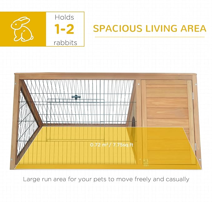 PawHut 46" x 24" Wooden A-Frame Outdoor Rabbit Hutch, Small Animal Cage, Bunny Hutch with Outside Run & Ventilating Wire, Yellow