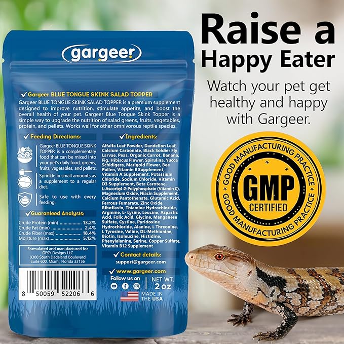 Gargeer 2oz Blue Tongue Skink Salad Topper. Supercharge Juveniles & Adults Appetite, Health & Immune System. Complete Diet Food Supplement, Rich with Vitamins & Minerals, Made in The USA. Enjoy!