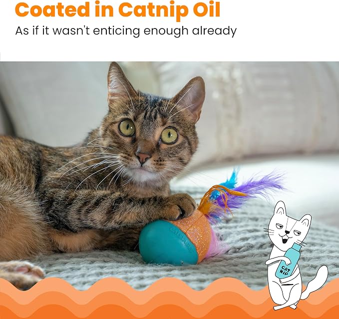 Catstages Whack N' Wobble Ball Intearctive Cat Toy, Weighted Ball with Feathers, Bell, Glitter Fabric & Catnip Oil, Turquoise - Image 4