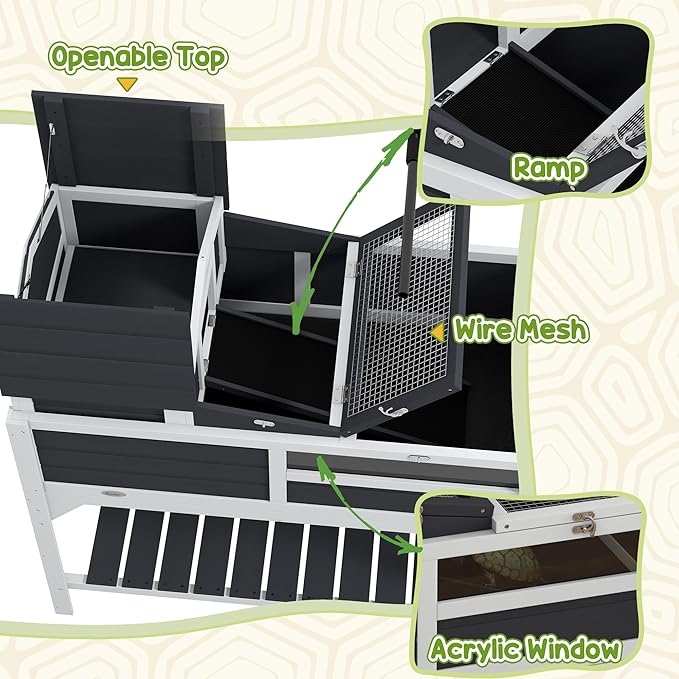 PawHut Tortoise Habitat with Adjustable Lamp Holder, 2 Layer Tortoise Enclosure with Storage Shelf, Removable Main House, Fixed Tray, Openable Lid, Gray