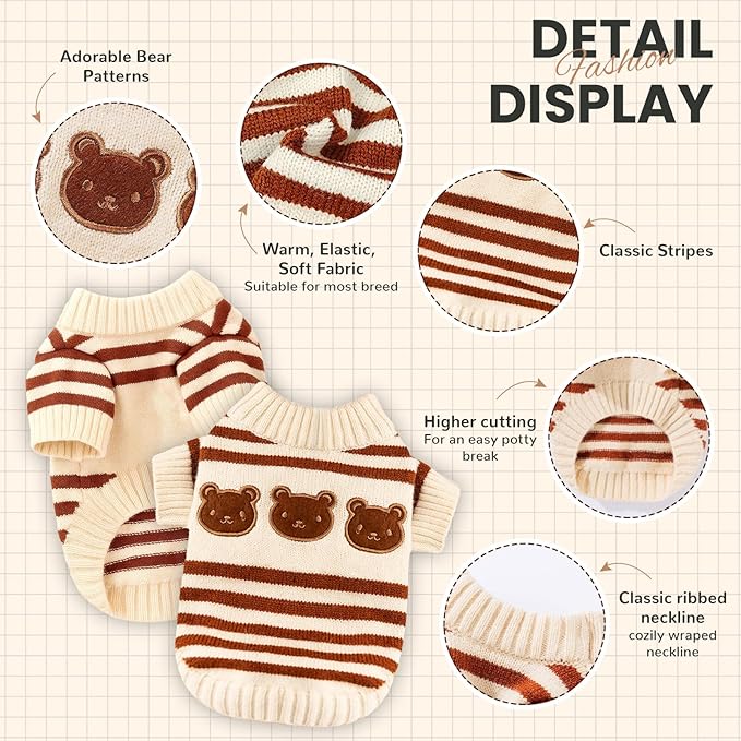 Dog Sweaters for Small Dogs with Cute Bear Pattern, Striped Soft Stretchable Warm Puppy Clothes for Small Dogs Cats, French Bulldog, Chihuahua for Winter