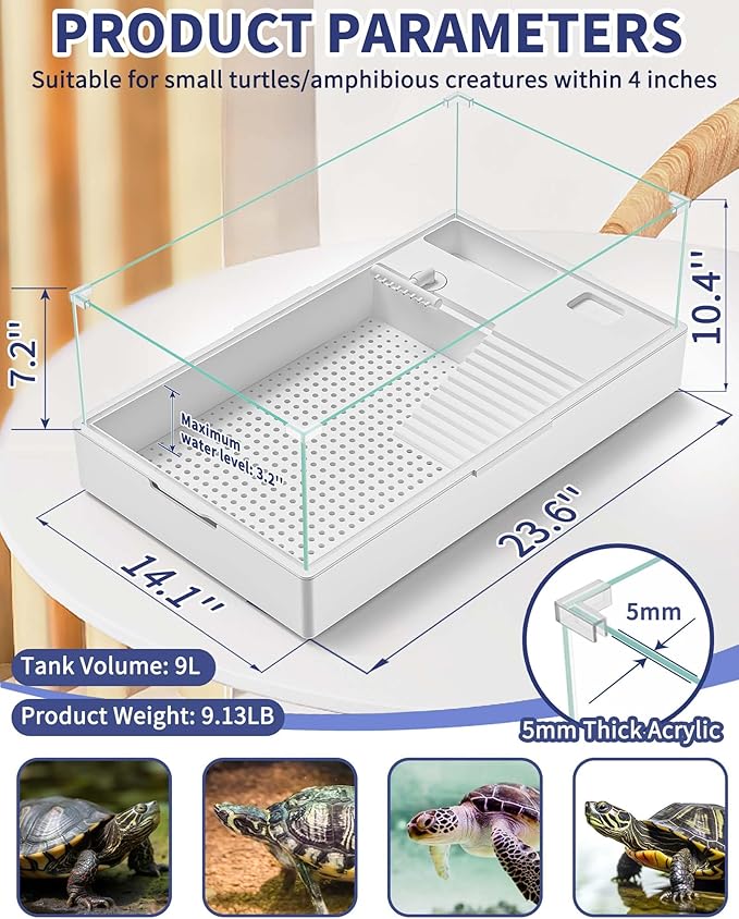 MoonOrange Large Turtle Tank Kit(Tank + Light + Water Pump), Acrylic Turtle Tank Starter Kit with Two Rain Shower Head, Adjustable 5W Water Pump, Higher Fences (Kit-L)