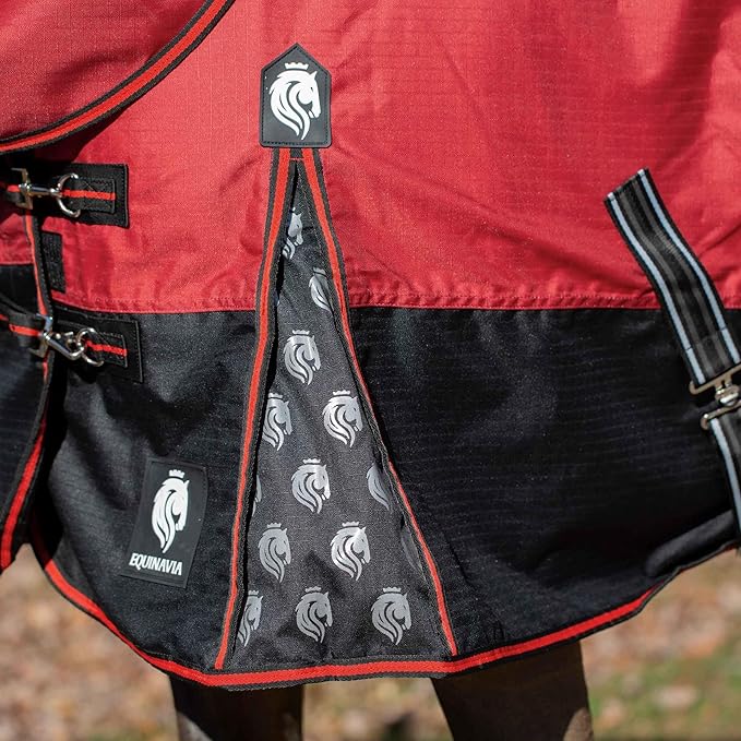 Equinavia Norse Lightweight 100g Fill Horse Rain Blanket | Waterproof Turnout Sheet - Black - 66 in - Equestrian Red - 75 in
