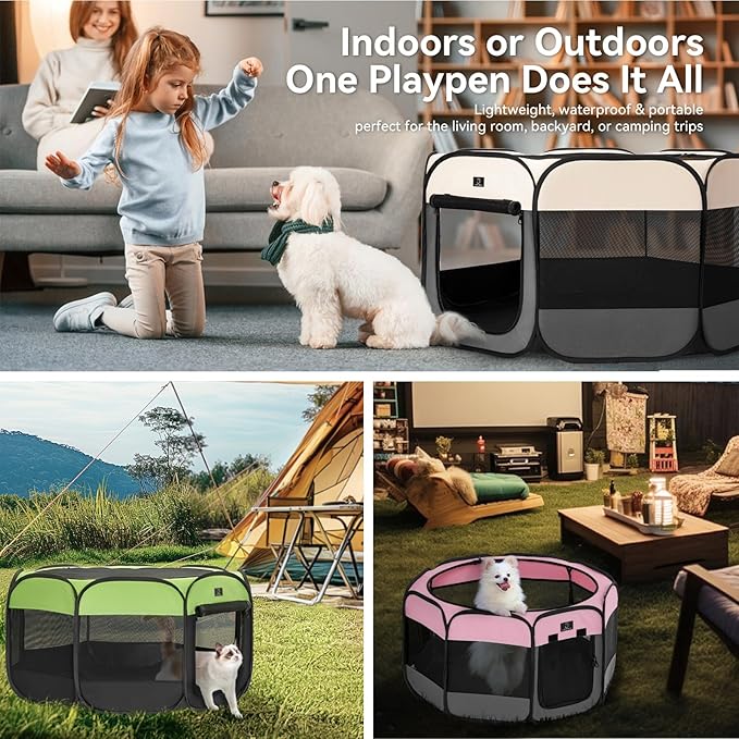 Dog Playpen for Small Dogs & Puppies, 50.39" Portable Indoor Outdoor Puppy Playpen with Bowl, Waterproof Floor, Foldable Pop-Up Pet Pen for Home, Travel & Daily Use, Grey+Beige