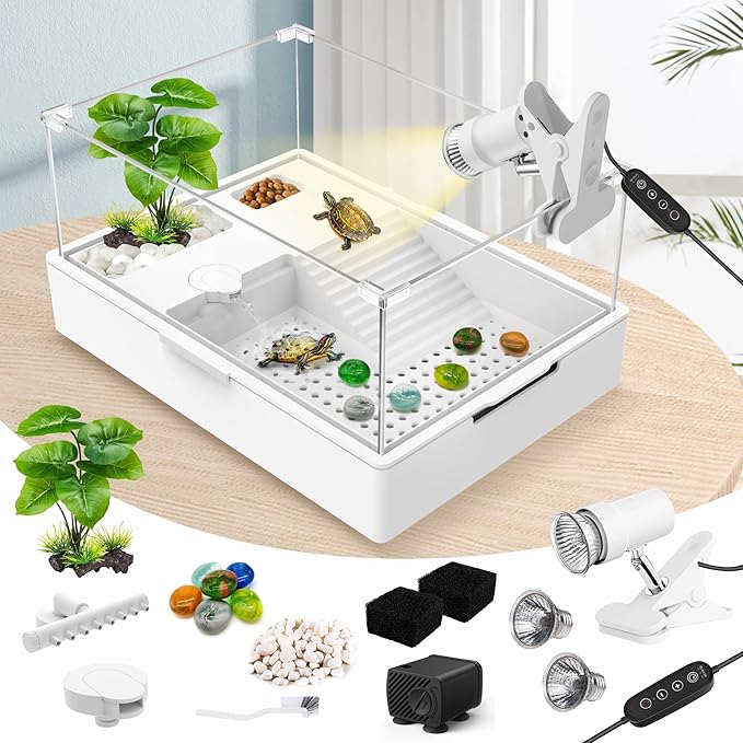GOZILLA Small Turtle Tank Kit+Water Pump+Lamp, Acrylic Turtle Tank Starter Kit with Adjustable 5W Water Pump and Timing/Dimming Lamp, Multi-Functional Area for Small Turtles(White Kit).