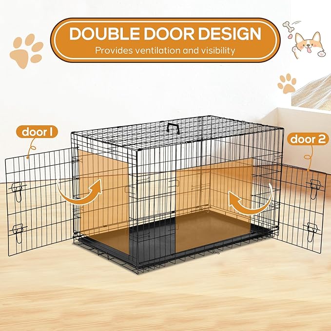 Dog Crate - 42 Inch Large Double Door Portable Dog Cage, Metal Wire Pet Kennel with Secure Lock, Leak-Proof Pan Tray, Foldable Design for Dogs Pets Indoor Training and Outdoor Trave
