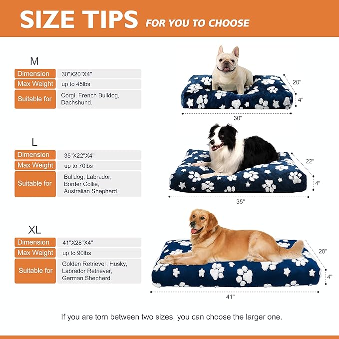 Dog Beds for Small Medium Dogs, Cute Thick Dog Bed for Crate Kennel, Fluffy Pet Bed with Removable Washable Cover and Anti-Slip Bottom, 30"x 20", Navy Paw