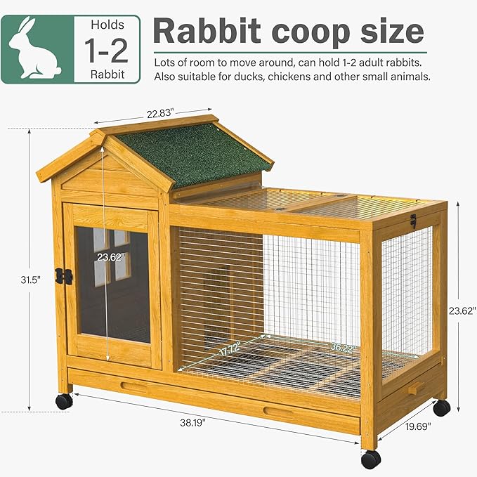 Outdoor Wooden Rabbit Cage:Rabbit Hutch Indoor, Bunny Hutch with Leak-Proof Pull Out Tray&Hideout, Small Animal Cage for Rabbits, Large Guinea Pigs, Portable Habitat with Lockable Wheels