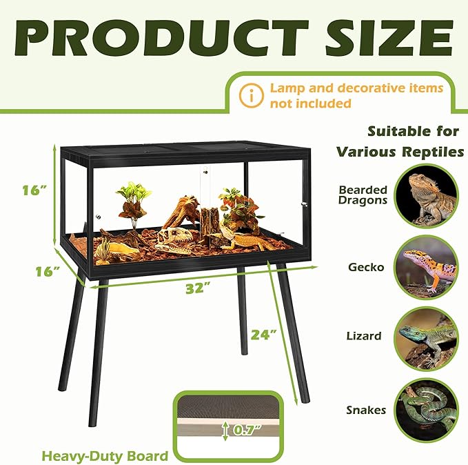 PROLEE Bearded Dragon Tank with Leg Stand 34 Gallons, Wooden Lizard Tank,Reptile Tank with Metal Mesh Roof Door, Acrylic Panel Snake Tank with Lock Design (Black, 32"x16"x16")