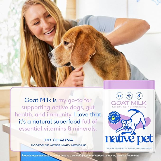 Native Pet Goat Milk Powder - Dog Food Topper for Active Dogs - Post-Activity Recovery, Energy, Immune Support, Hydration & Bone Health - Whole Goat Milk with MCTs & Essential Minerals - 60 Scoops