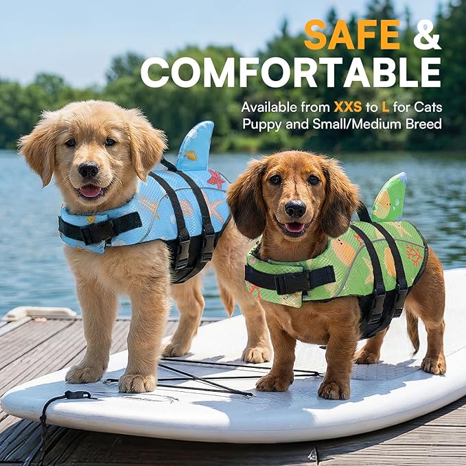 Queenmore Dog Life Vest XS, Extra Small Dog Life Vest for Swimming and Boating, Lightweight Dog Shark Life Jacket with Rescue Handle/Leash Hook/Reflective Strips