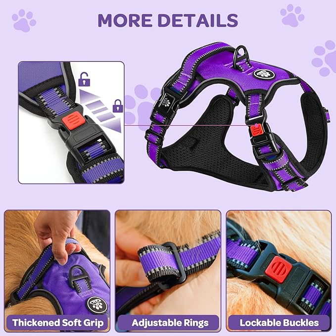 FURRYFECTION Plaid Dog Harness for Small Dogs, Reflective No Pull Adjustable Pet Vest with Front Clip, Leash, Easy Control Handle and Seat Belt, Purple, S