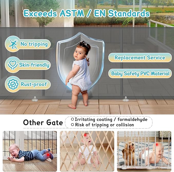 180'' Retractable Baby Gates Extra Wide for Stairs,42" Extra Tall Retractable Dog Gate for Doorways, Deck, 15 Foot Indoor/Outdoor Retractable Gate with Reinforced Rods, Grey Retractable Garage Gate