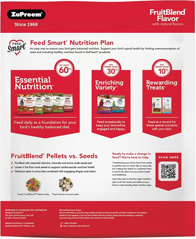 ZuPreem FruitBlend Bird Food, Bird Feed Pellets for Cockatiel, Lovebird, Quaker, Small Conure, Lorikeet, ZuPreem Core Nutrition with Natural Fruit, Cockatiel Food, Conure Feed, (Medium, 10 lb Bag)