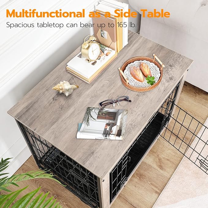 HOOBRO Dog Crate Furniture, 38.6" Large Dog Kennel Indoor, Wooden Cage with Pull-Out Tray, Double Doors Pet House Side End Table for Large/Medium/Small Dogs, Greige BG982GW03