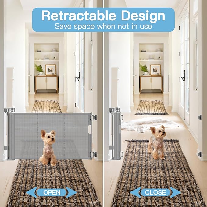 Short Dog Gate 0"-39" Wide Narrow Baby Gate 24” Tall Retractable Short Baby Gate to Step Over Short Pet Gate for Stairs and Doorways Small Dog Gate Doggie Gates Puppy for The House, Gray