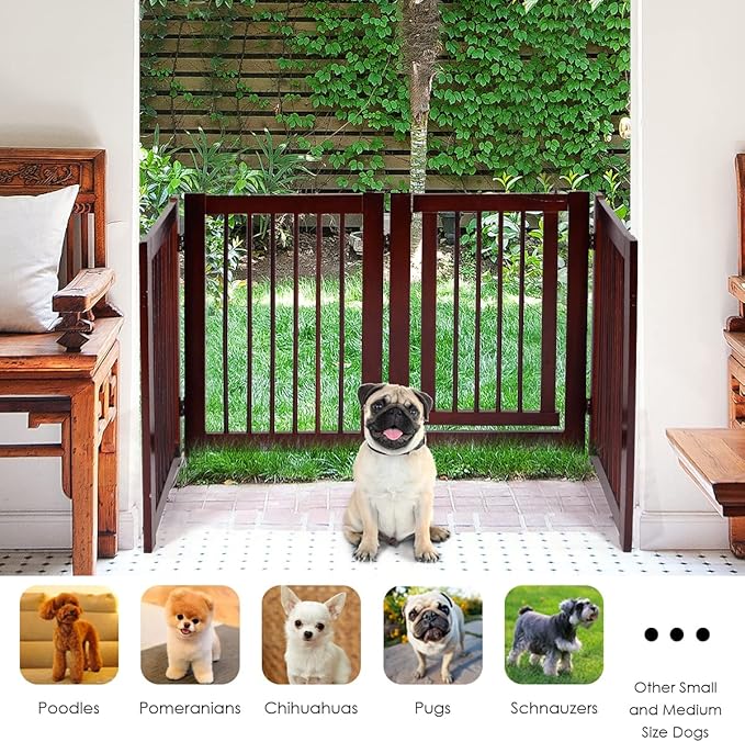 Tall Dog Gate with Door, 4-Panel 30 inch High Wooden Puppy Playpen, Freestanding Pet Door Gates, Folding Indoor Pet Enclosure, Extra Wide Room Divider for House, Stairs, Doorway