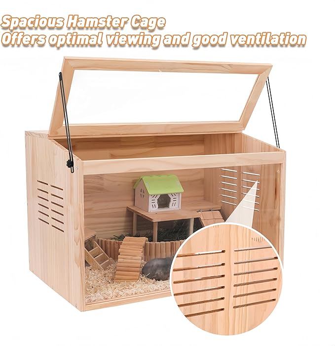 Wooden Hamster Cage,24" Lx16 Wx16 H,Animal Cabinet for Dwarf Syrian Hamsters Degus, Hamster Habitat with Openable Top and Large Acrylic Sheets.