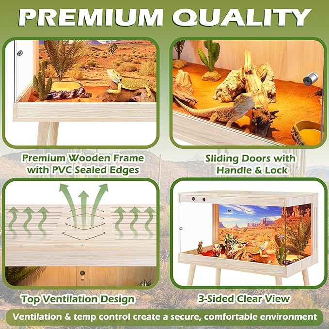 Royxen Bearded Dragon Tank,31 Gallon Reptile Tank with Leg Stand,Built-in Lighting Reptile Enclosure,Tempered Glass Bearded Dragon Encloure for Chameleon (Oak,24"x 16"x 16")
