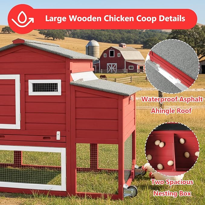 Chicken Coop for 2-3 Chickens, with Large Nesting Box, No-Slip Ramp & Pull-Out Tray, Wooden Poultry Bunny Hutch for Outdoor Indoor