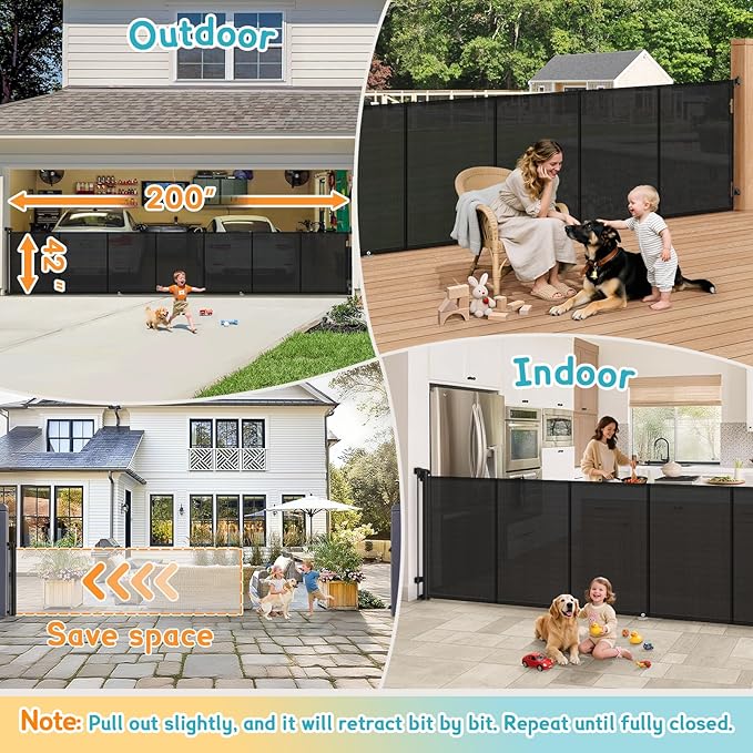 200'' Retractable Baby Gates Extra Wide, 42'' Extra Tall Retractable Dog Gate, 16 FT Black Indoor/Outdoor Retractable Gate with Reinforcement Rods for Garage, Doorways, Stairs, Decks, Driveway, Patio