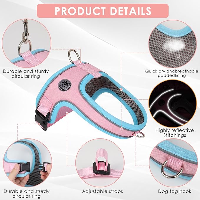 Dog Harness and Leash Set, No Pull Saddle Style Pet Harness, Breathable Mesh Adjustable Reflective Dog Vest for Dogs and Cat Medium Small Harness 2 D-Rings (Pink, M)