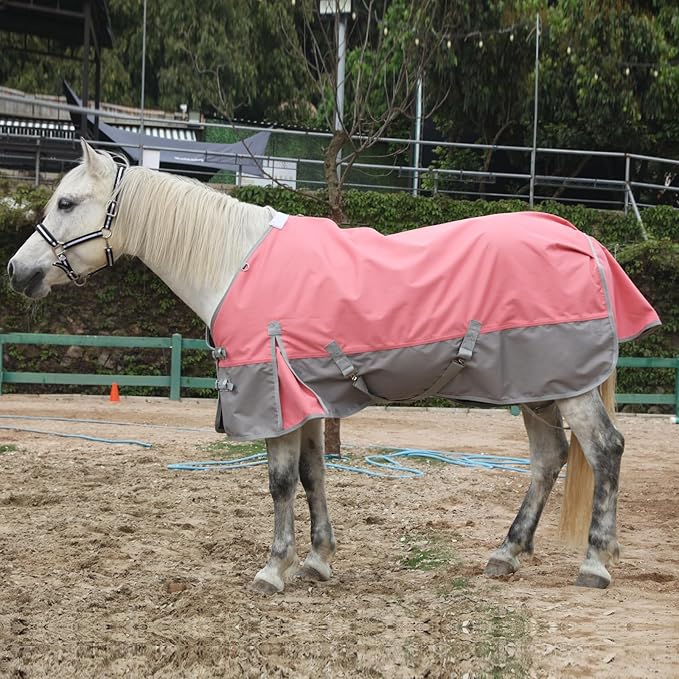 1200D Ripstop Waterproof Breathable Horse Blanket (0g No Fill), Lightweight Turnout Rain Sheet, Keeps Dry in Mud & Wet Weather Pinkgrey 69"
