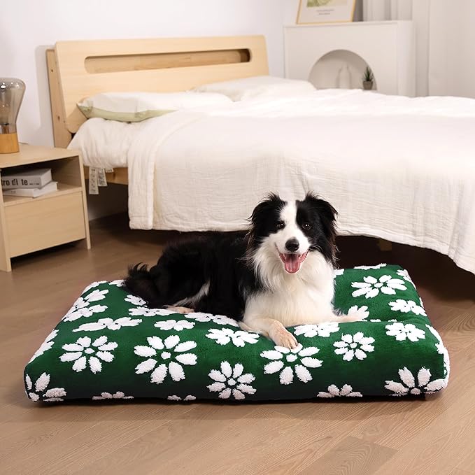 Dog Beds for Large Dogs, Cute Thick Dog Bed for Crate Kennel, Fluffy Pet Bed with Removable Washable Cover and Anti-Slip Bottom, 35"x 22", Green Flower