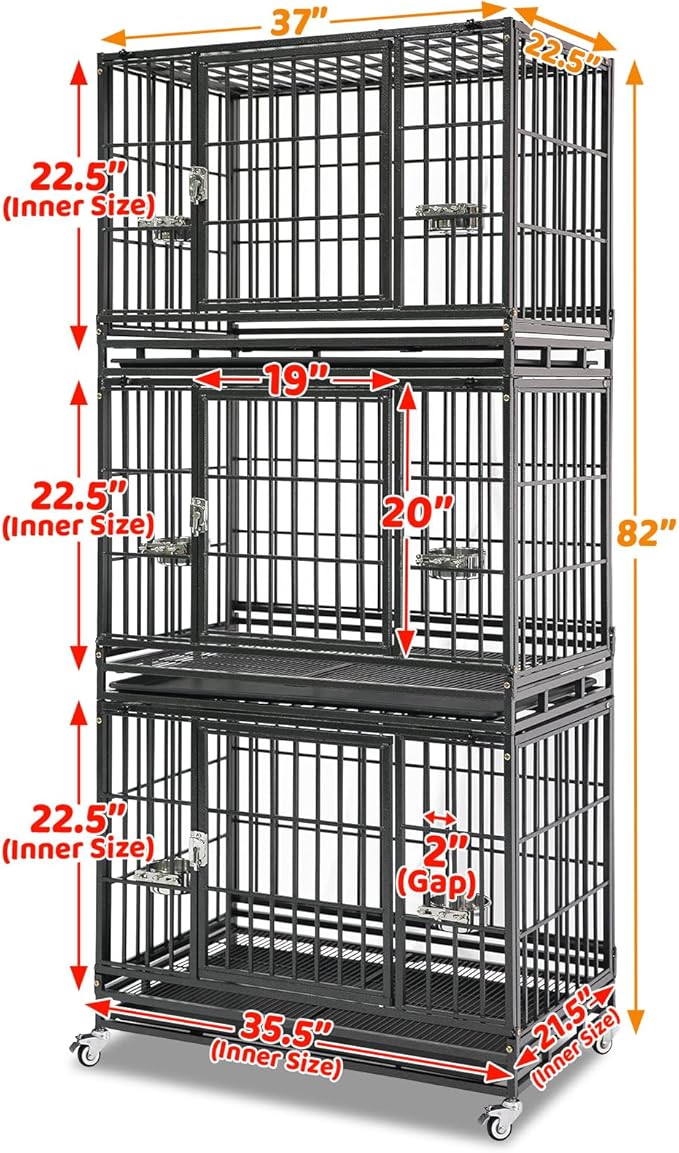 Homey Pet 4 Pack Three Tiers 37 Inch Dog Crate, Escape Proof Dog Cage Kennel Indoor with Top Access and Lockable Wheels, Removable Tray, Heavy Duty Dog Crates for Medium/Small Dogs