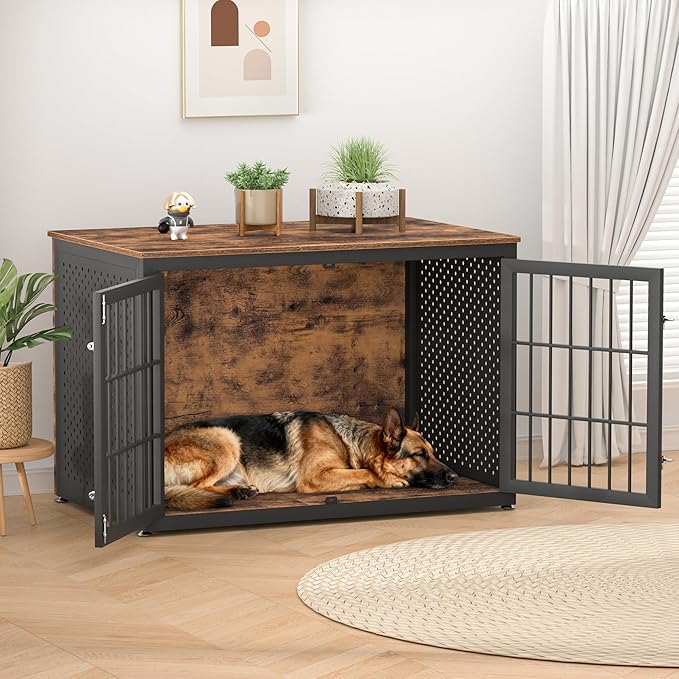 rehomerance 48" Rustic Heavy Duty Dog Crate Furniture for Extra Large Dogs, Metal Kennel for High Anxiety Dogs, Wooden Cage Furniture Indoor, Decorative Dog Kennel End Table, XL