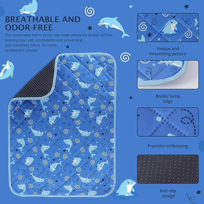 IEUUMLER Washable Pee Pads for Dogs, 2 Pack Non-Slip & Waterproof Pack Whelping Pad, Reusable Washable Puppy Potty Training Pad with Fast Absorbent for Playpen EU007 (Dolphin, 42"X28"-2pcs)