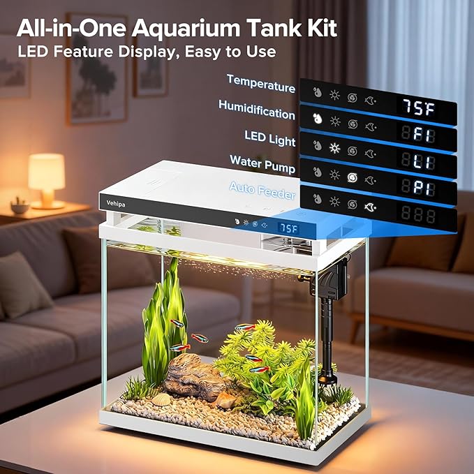 Fish Tank Aquarium, 2.2 Gallon Smart Fish Aquarium Kits with Auto Feeder, Silent Water Pump, Temperature Display, Smart Humidifier & 7-Color Lighting, for Office & Home - White