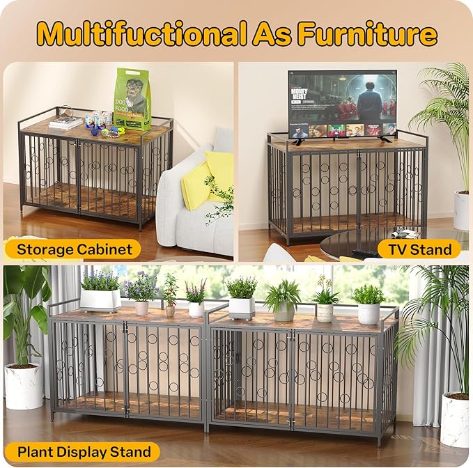 Medium Dog Crate Furniture Style, 42/48 inch Dog Crates for Medium Large Dogs, Indoor Decorative Wood Dog Crate Table with Storage Shelf, Unique Round Sturdy Pet Dog Kennel Indoor Furniture