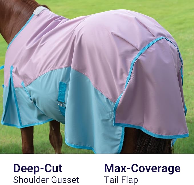 Horse Turnout Rain Sheet | 600 Denier Ripstop Turnout Blanket No Fill (0g) | Waterproof Lightweight Breathable | Tear-Resistant Outer & Rub-Free Silky Inner | Pink/Blue - 76 in