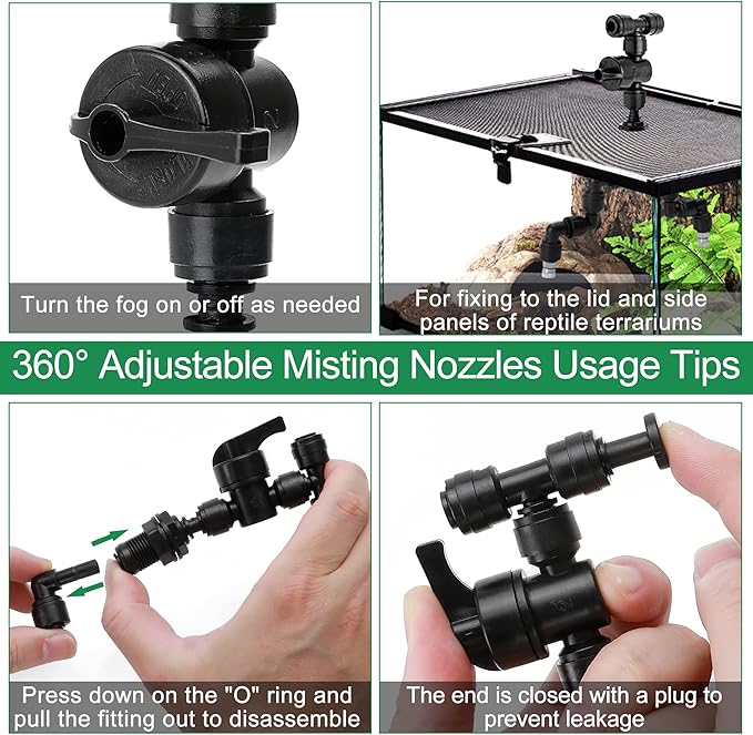 4 Pcs Reptile Mister Nozzle Terrarium Reptile Fogger with Valve, Adjustable Terrarium Misting Accessories Cooling Misting System for Reptiles Rainforest