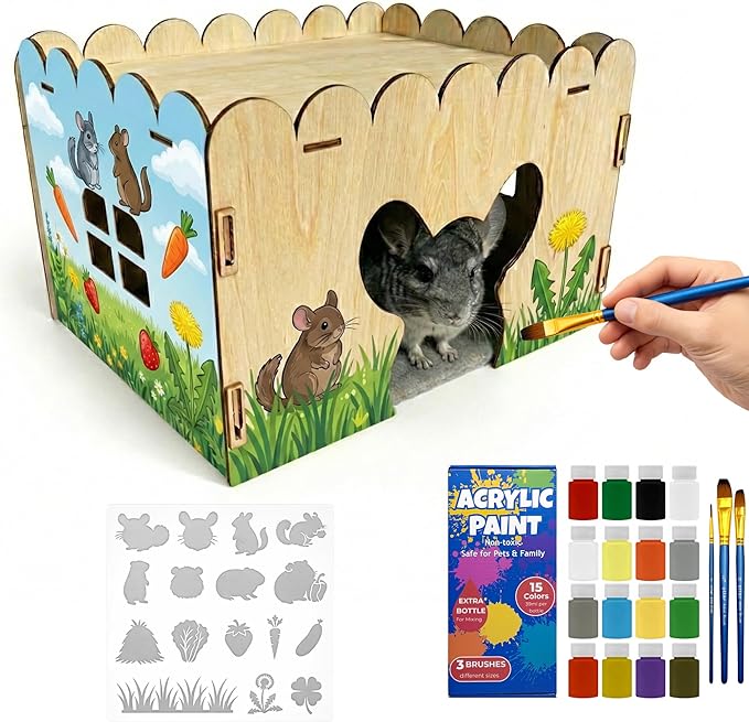 OtterPets Chinchilla House with DIY Acrylic Paint Kit, Fleece Mat Included, Made from Safe and Natural Materials, Chinchilla Cage Accessories, Chinchilla Hideout