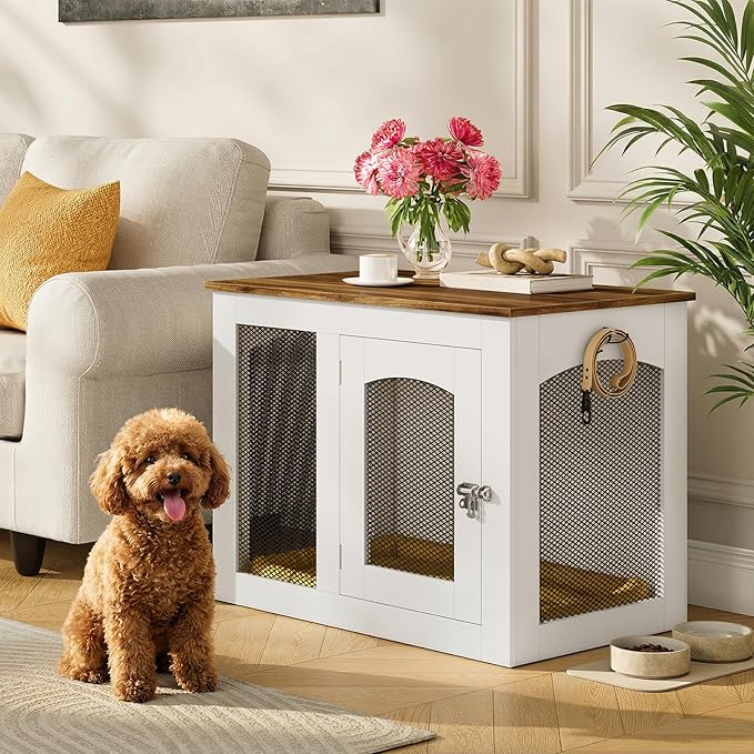 CHOEZON Wooden 30.1" Dog Crate Furniture, Farmhouse Pet Cage End Table with Secure Lock, Ventilated Mesh for Medium Dogs, Dog Kennel Furniture for Living Room, Bedroom, White and Walnut MGW02WL