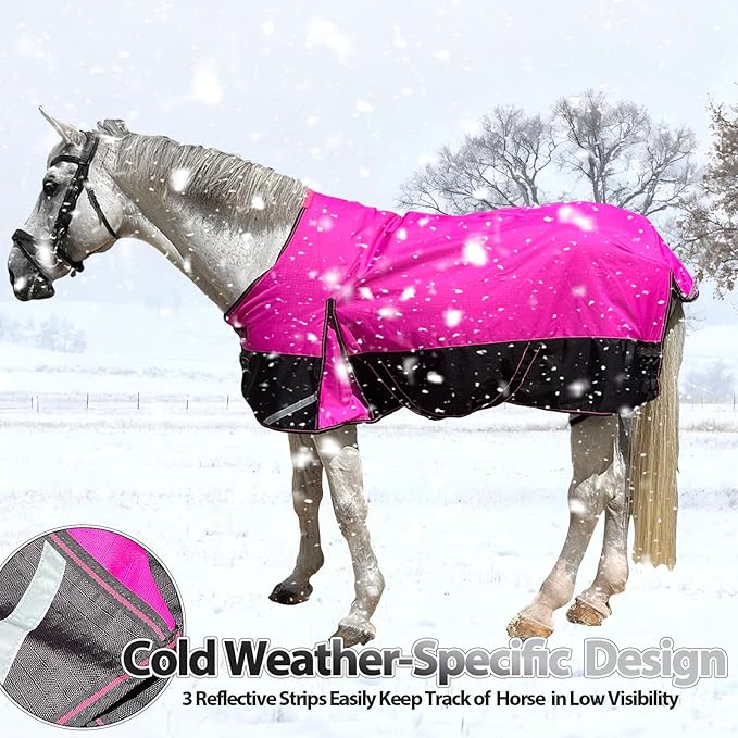 300g Fill 1200D Mid-Heavy Weight Winter Waterproof and Breathable Horse Blanket Belly Straps| Turnout Blankets with Reflective Strips (Hot Pink/Black, 72'')