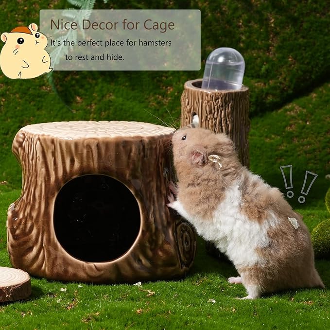 Ceramic Hamster Hideout,Stump Shape Dwarf Hamster House, Natural Guinea Pig Habitat Decor, Hideaway House for Gerbil, Cool Bed for All Season(Brown)