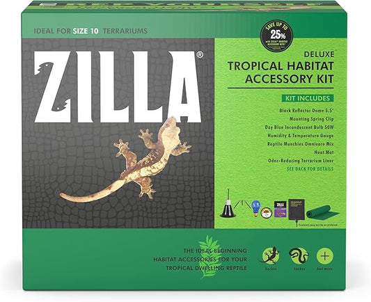 Zilla Tropical Habitat Accessory Kit, Starter Kit for Reptiles, Easy Start for Tropical-Dwelling Reptiles, Includes Lighting, Heating, Bedding and Food, Ideal for Size 10G Terrariums