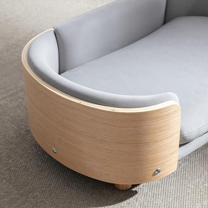 Elevated Dog Bed Pet Sofa with Solid Wood Legs and Bent Soft Backrest, Pet Cat Stool Bed with Velvet Cushion,for Small and Medium Size Dogs Kitten, Light Gray, Small Size