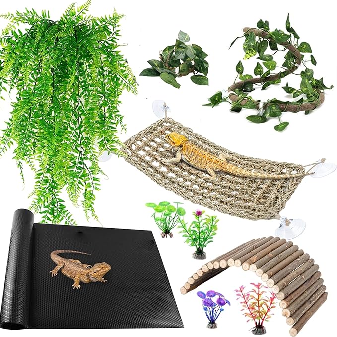 Bearded Dragon Tank Accessories, Reptile Mat Hammock Plants Bridge Jungle Climber Vines Terrarium Decorations for Leopard Gecko Hermit Crab Lizard Snake (10 PCS with Reptile Mat)