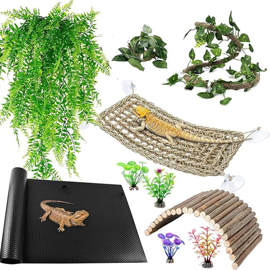 Bearded Dragon Tank Accessories, Reptile Mat Hammock Plants Bridge Jungle Climber Vines Terrarium Decorations for Leopard Gecko Hermit Crab Lizard Snake (10 PCS with Reptile Mat)