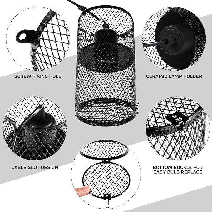 VIHOSE 1 Pcs Reptile Heat Lamp Guard with 150W Ceramic Heat Emitter Basking Anti Scald Heating Lamp Holder Mesh Cage Reptile Protection Lampshades for Lizard Snake Chick, Bulb Not Included (Black)