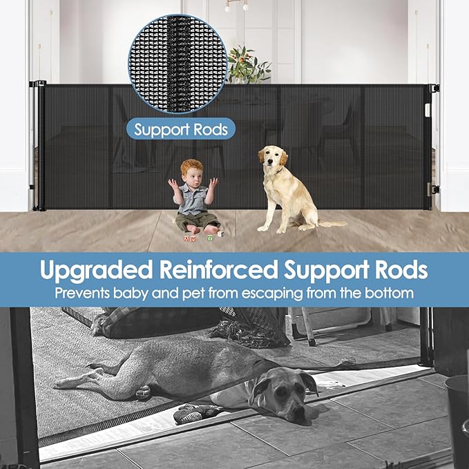 Reinforced 200 Inch Extra Wide Retractable Baby Gates with Reinforced Rods, Retractable Dog Gate Prevent Bottom Crawling Through, Mesh Pet Gate for Large Openings, Black
