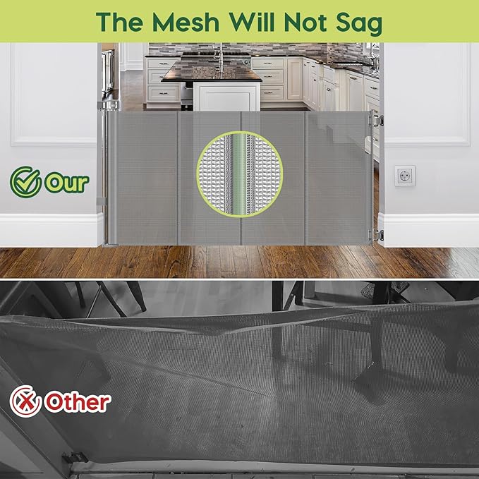 Reinforced 55" Wide Retractable Dog Gate with Support Rods, 33" Tall Retractable Baby Gate for Dogs, No Sag and Wrinkle Mesh Child Gates for Doorways, Indoor Pet Barrier Stair Gates for Kids, Gray