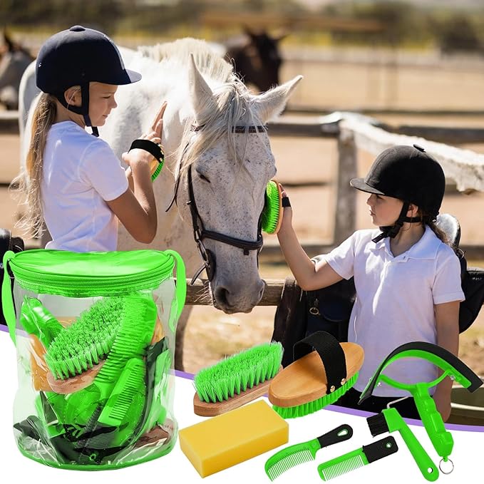 Cunhill 9 Pcs Horse Grooming Kit Tack Room Supplies Set with Tote Bag, Oval Massage Curry, Hard and Soft Brush, Hoof Pick, Sweat Scraper, Bathing Sponge, Comb for Horse Rider(Cute,Green)