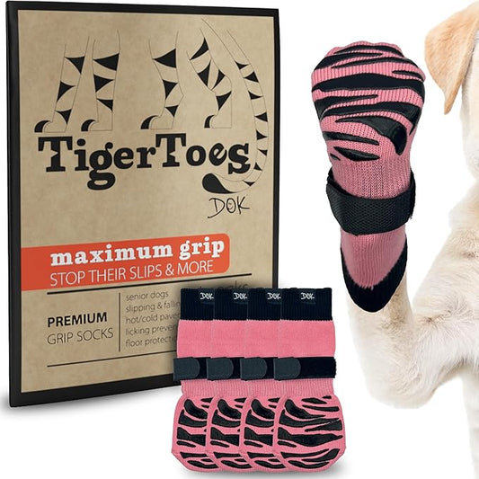DOK TigerToes Premium Non-Slip Dog Socks for Hardwood Floors - Extra-Thick Grip that Works Even When Twisted - Prevents Licking, Slipping, and Great for Dog Paw Protection (XXL, Sassy Pink)
