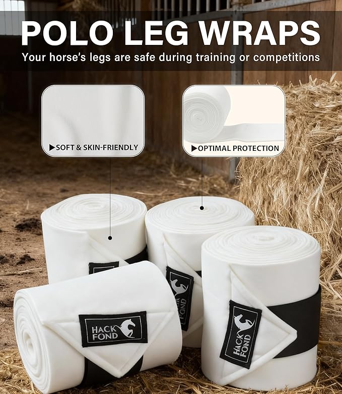 Fleece Horse Polo Leg Wraps Set of 4, 10' Horse Leg Bandages Stable Supplies Equestrian Boots White